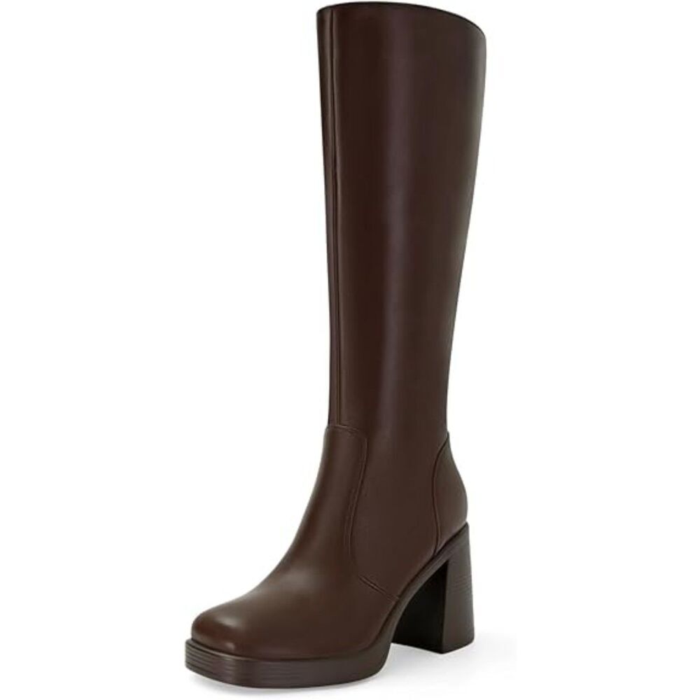 Women's Chocolate Square Toe Side Zip Chunky Block Heeled Casual Leather Boots